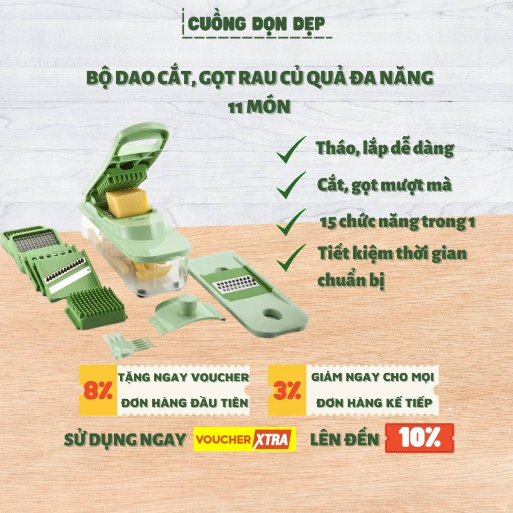 Bộ dụng cụ đa năng 11 món - Cắt, gọt rau củ quả - Màu xanh ngọc - 9 lưỡi dao, 1 đầu vắt cam, 1 đầu tách lòng đỏ trứng