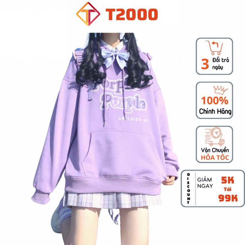 Áo hoodie nữ màu tím in pople phong cách hàn quốc, áo nỉ bông form rộng HD062