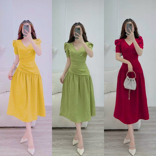 Đầm dáng xòe ❤️freeship❤️ xếp ly eo cổ v tay ngắn dễ thương
