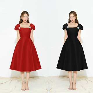 Đầm dự tiệc ❤️freeship❤️ dáng xòe cổ vuông tay phồng kèm tag nơ