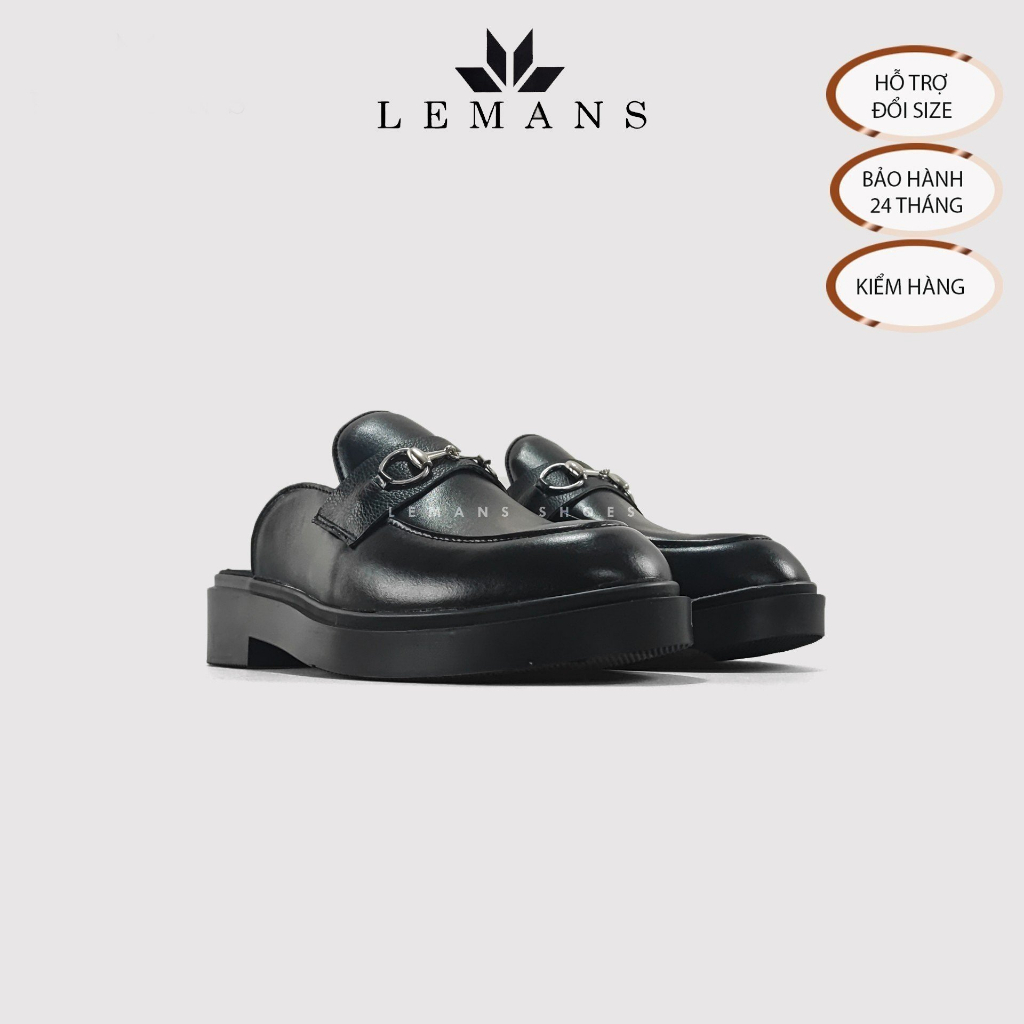 Giày Sục da bò Mules Loafer LEMANS - Black cao cấp, Gót tăng cao 4cm Sản xuất thủ công Đế độc quyền, Bảo hành 24 tháng