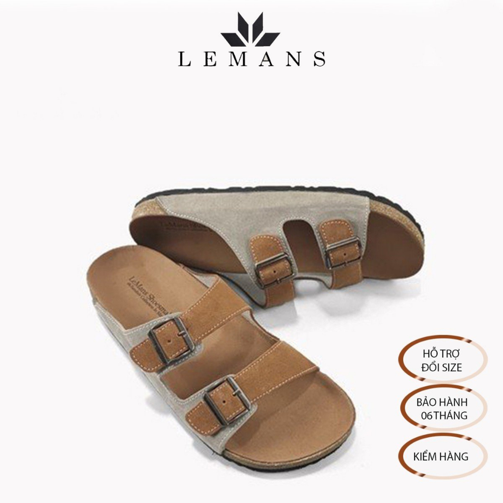 Dép Da Bò Lộn Nubuck Phối 2 màu Nâu-Xám Đế Trấu Quai Ngang LEMANS Sandals - Brown&Light Grey Quai điều chỉnh. BH 6 tháng