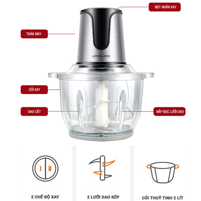 Máy xay thịt LocknLock đa năng 2L cối thủy tinh, công suất lớn, 4 lưỡi dao, làm giò chả gia đình EJM171 - HAPOS OFFICIAL