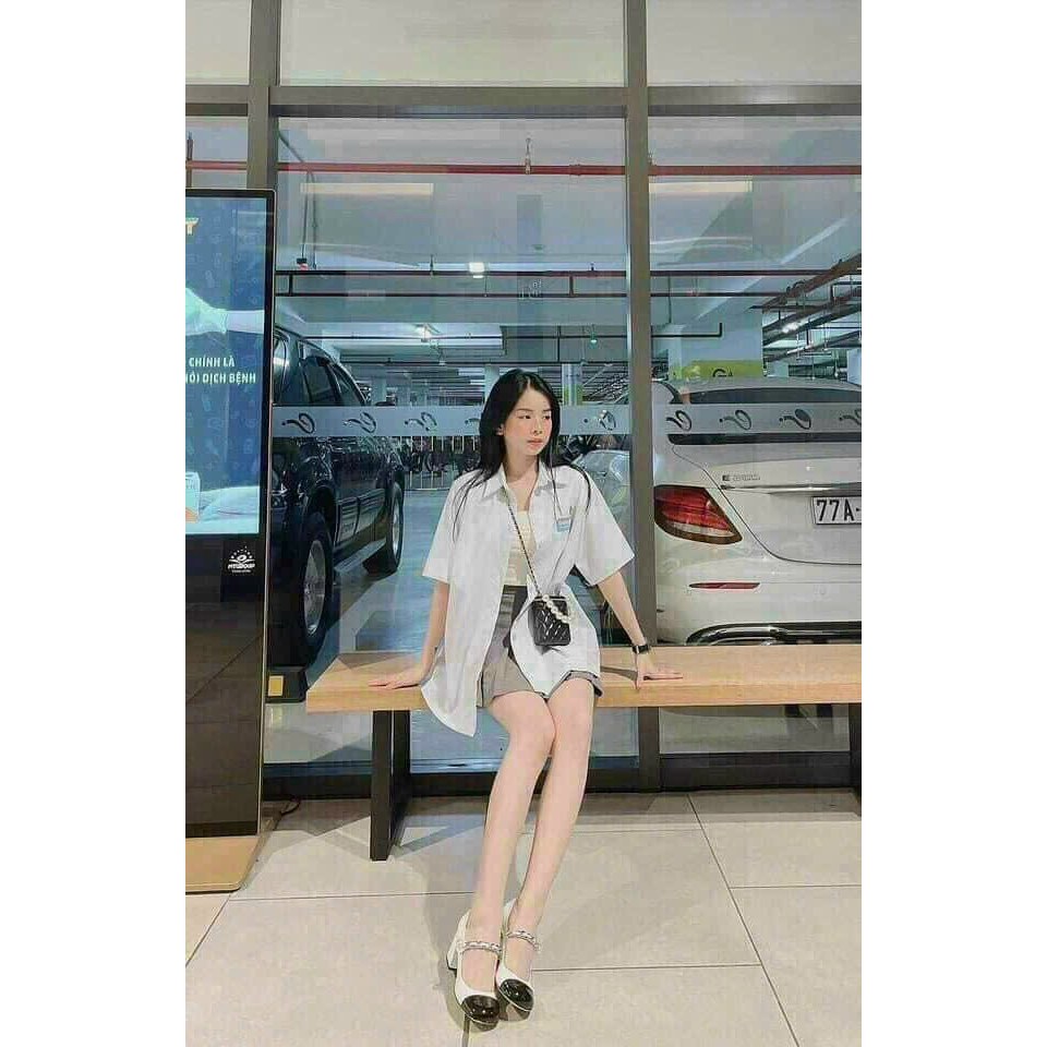 Free ship Giày cao gót 7p gót vuông da bóng quai xích đính hạt ngọc cực đep kèm clip