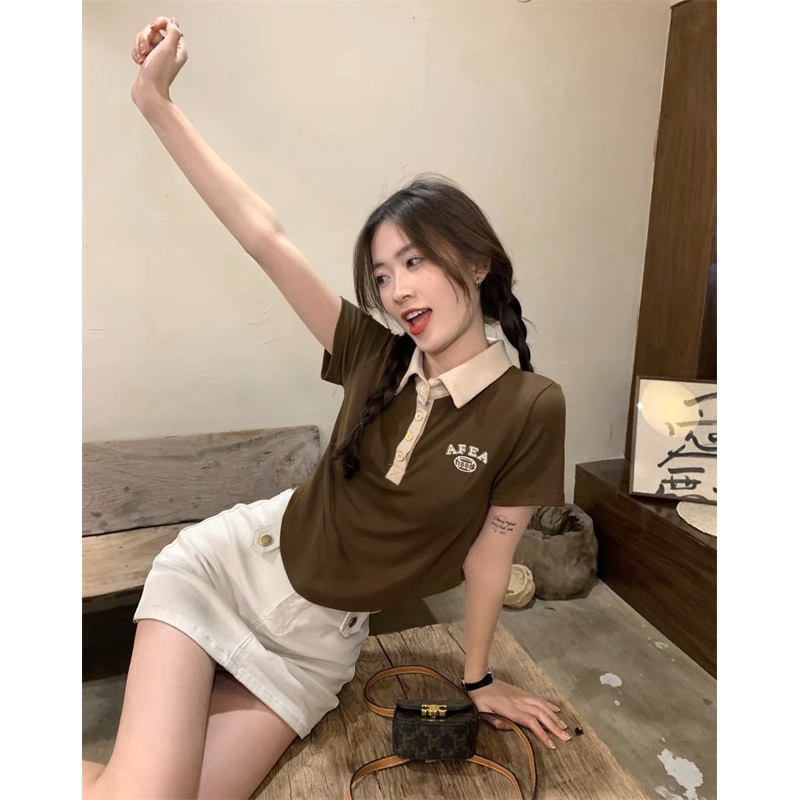 ÁO CROPTOP CỔ TRỤ XINH NÂU NÂU TÂY LẮM TR14