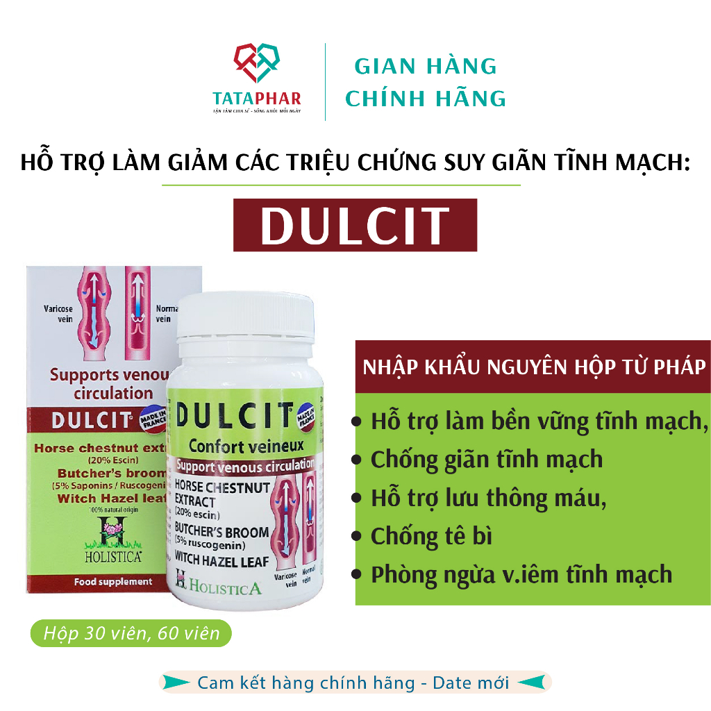 DULCIT - Hỗ trợ làm giảm triệu chứng suy giảm tĩnh mạch - Nhập khẩu Pháp - Chính hãng - Hộp 30,60 viên