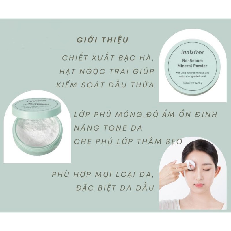 Phấn Phủ Khoáng Innisfree No Sebum Mineral Powder 5g cho làn da mịn mượt tự nhiên giữ lớp makeup lâu trôi