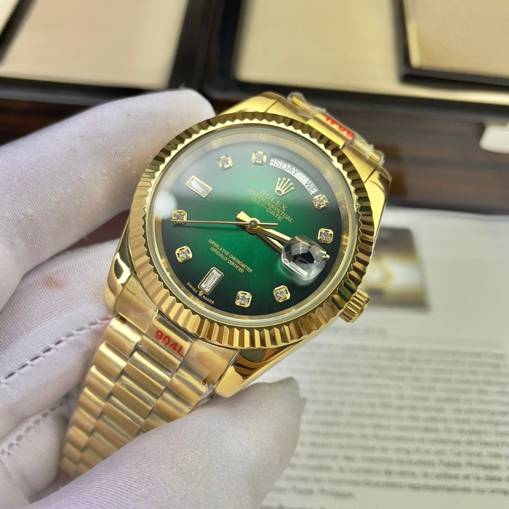 Đồng hồ Nam Rolex máy nhật day date dòng cơ Automatic size 41mm mặt xanh lá vỏ vàng