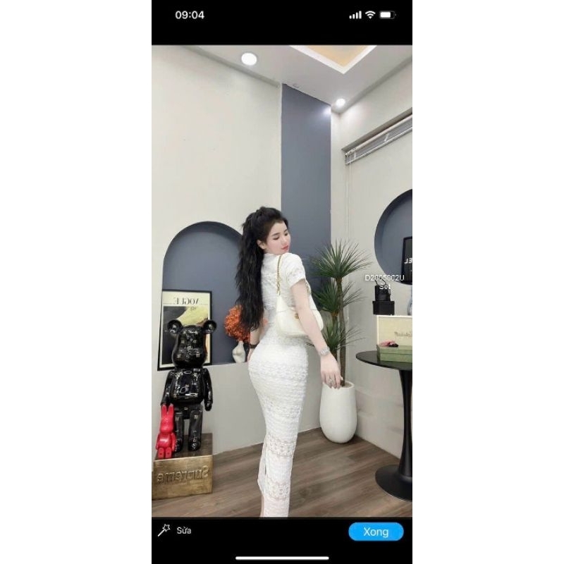 Set ren form body áo tay con cổ gài nút áo kèm chân váy ôm bút chì dài!