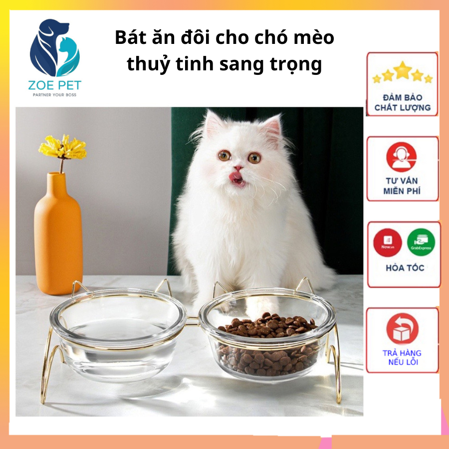 Bát ăn đôi cho chó mèo sang trọng, chất liệu thủy tinh chịu lực cao cấp