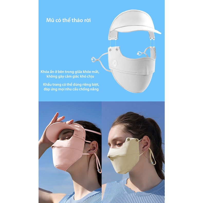 Khẩu Trang Vải Che Mặt Kèm Mũ Tấm che nắng toàn mặt ngoài trời hai trong một có thể tháo rời bằng lụa băng thoáng khí