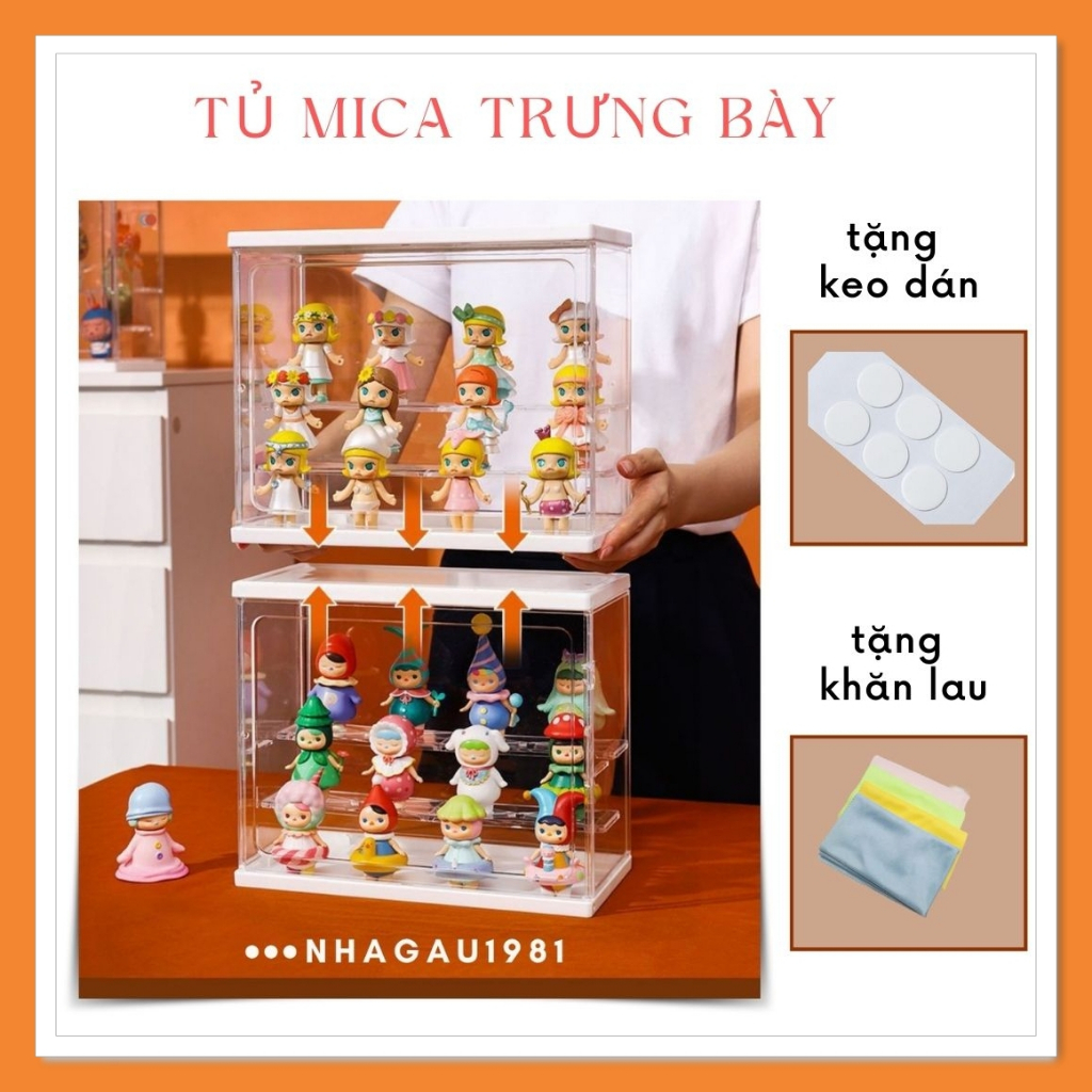 Hộp Mica 3 Tầng Trong Suốt Trưng Bày Mô Hình Đồ Chơi Popmart, Dimoo Tặng Keo, Khăn, Đèn LED Shop Nhagau1981