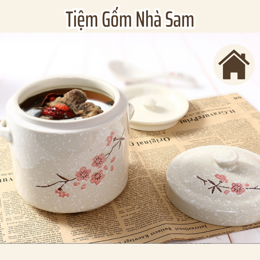 Thố sứ, nắp sứ, có nắp, Hũ sứ chưng yến hình hoa đào sang trọng, gốm sứ có nắp đậy kín dung tích 600ml, 1000ml