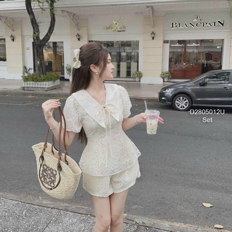 Set ren quần short áo tay ngắn cổ sen nhọn 2805