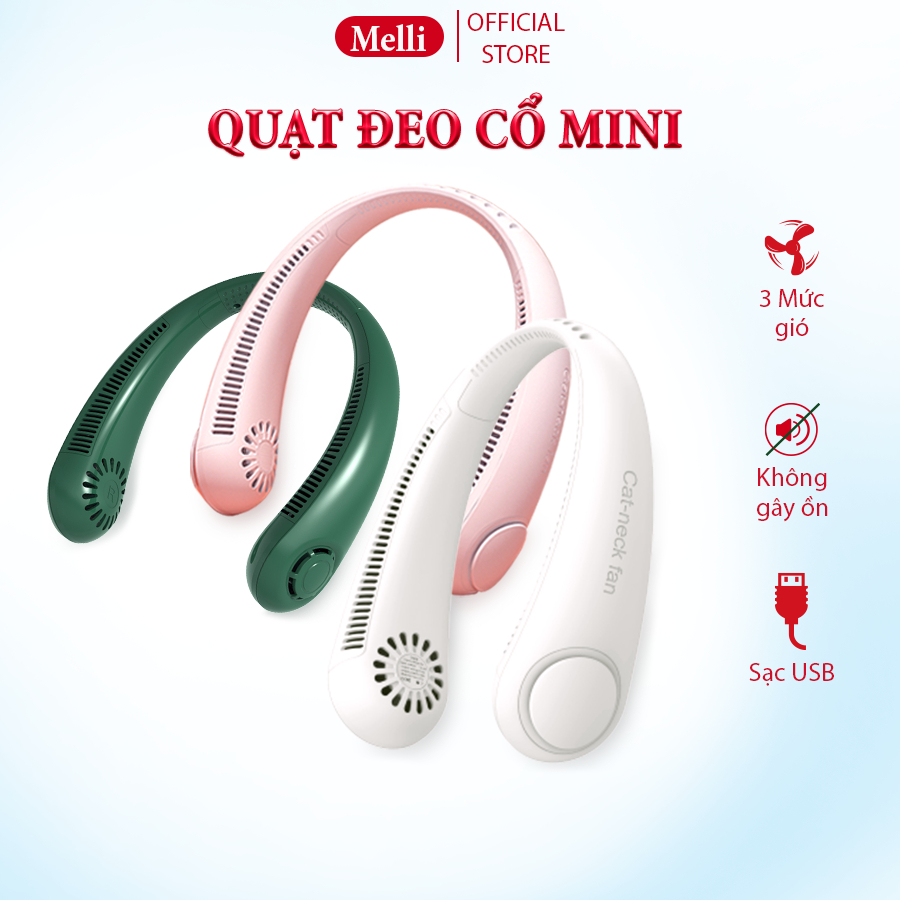 Quạt Đeo Cổ Mini Tích Điện Không Cánh Melli 3 Chế Độ Gió Sạc Usb Tiện Lợi Dung Lượng Pin Lớn 4000mAhm Kiểu Dáng Thể Thao