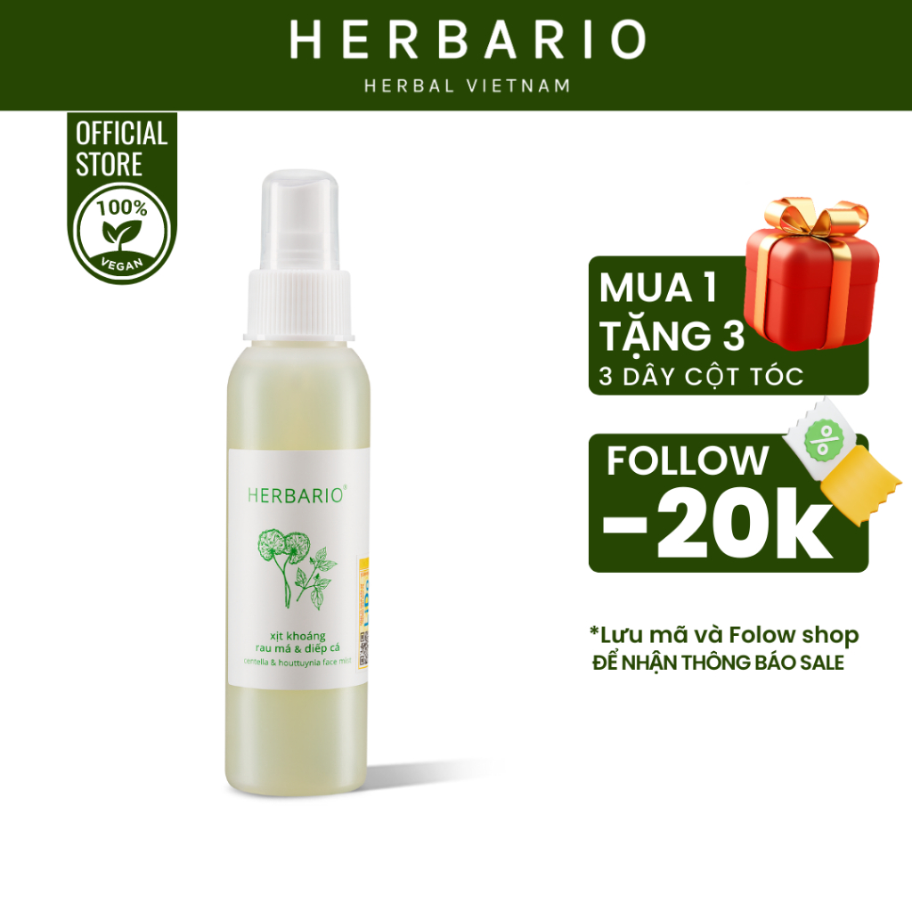 Xịt khoáng rau má & diếp cá herbario 100ml cấp ẩm cấp nước giúp da không bị khô - Herbario Thuần Chay
