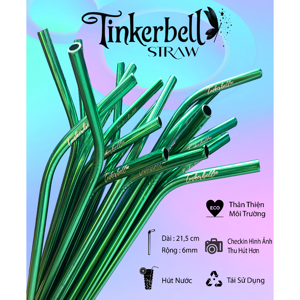 Ống hút inox 304 thép không gỉ cao cấp Tinkerbell - Cong 6mm - Màu Xanh Lá - Tái chế sử dụng, thân thiện môi trường
