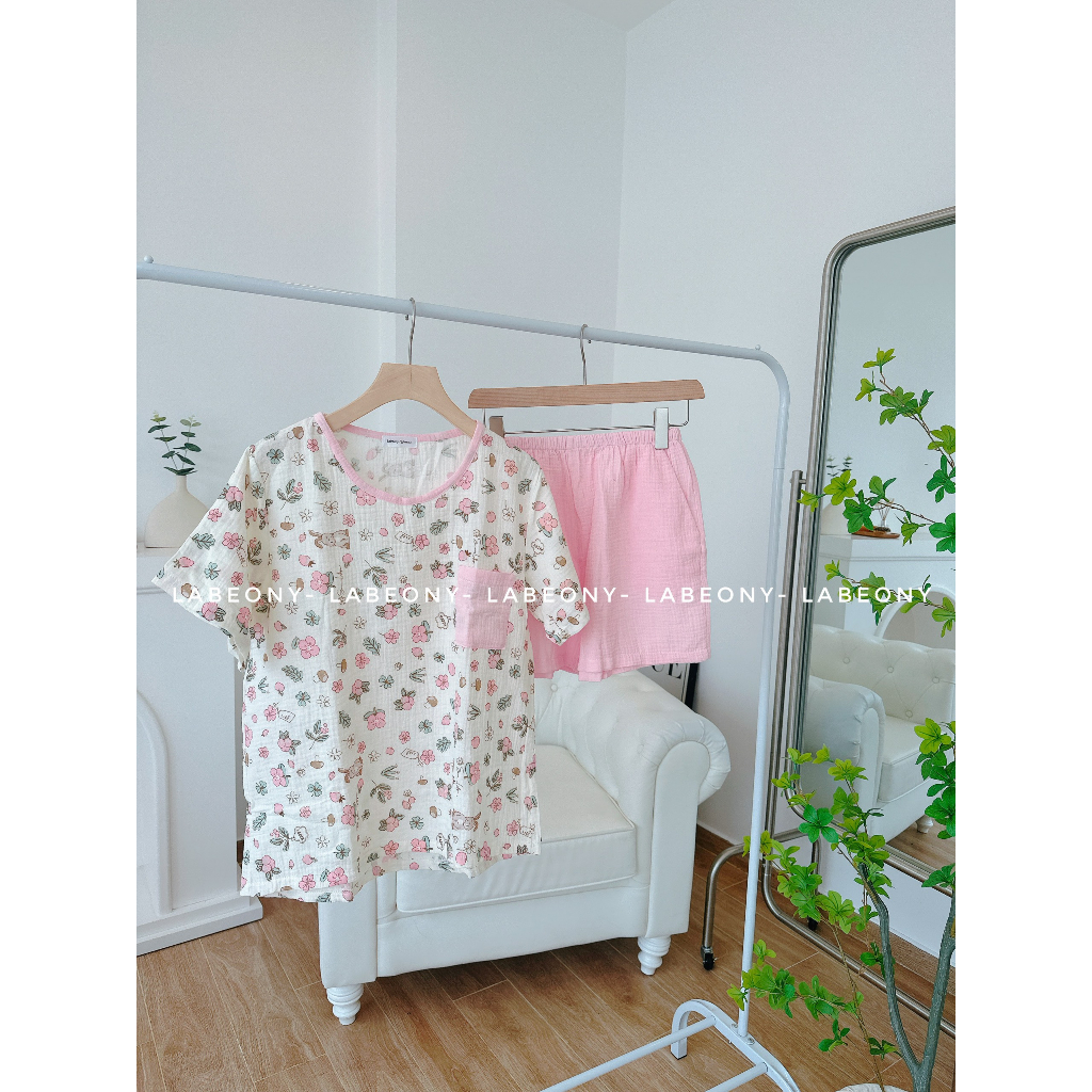 Đồ bộ nữ mặc nhà Pyjama phối hoa nhí caro ngắn dài muslin Hàn Labeony