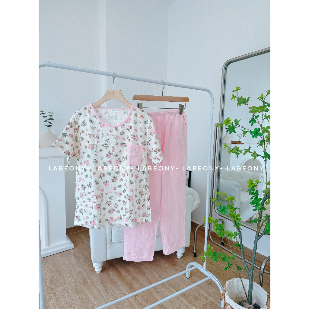 Đồ bộ nữ mặc nhà Pyjama phối hoa nhí caro ngắn dài muslin Hàn Labeony