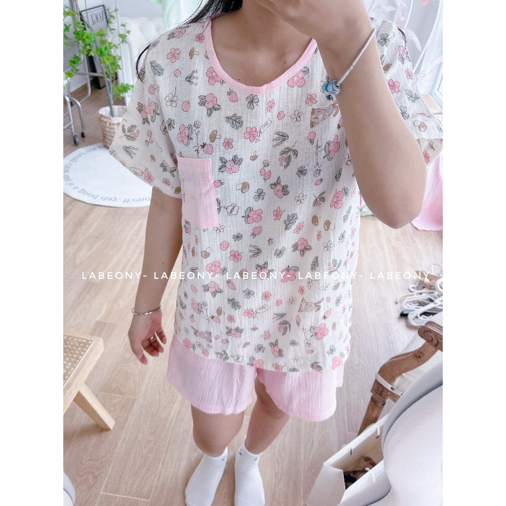 Đồ bộ nữ mặc nhà Pyjama phối hoa nhí caro ngắn dài muslin Hàn Labeony