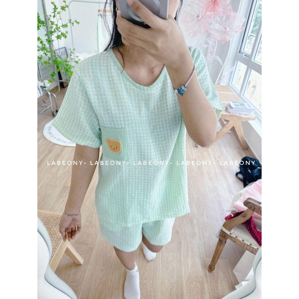 Đồ bộ nữ mặc nhà Pyjama phối hoa nhí caro ngắn dài muslin Hàn Labeony