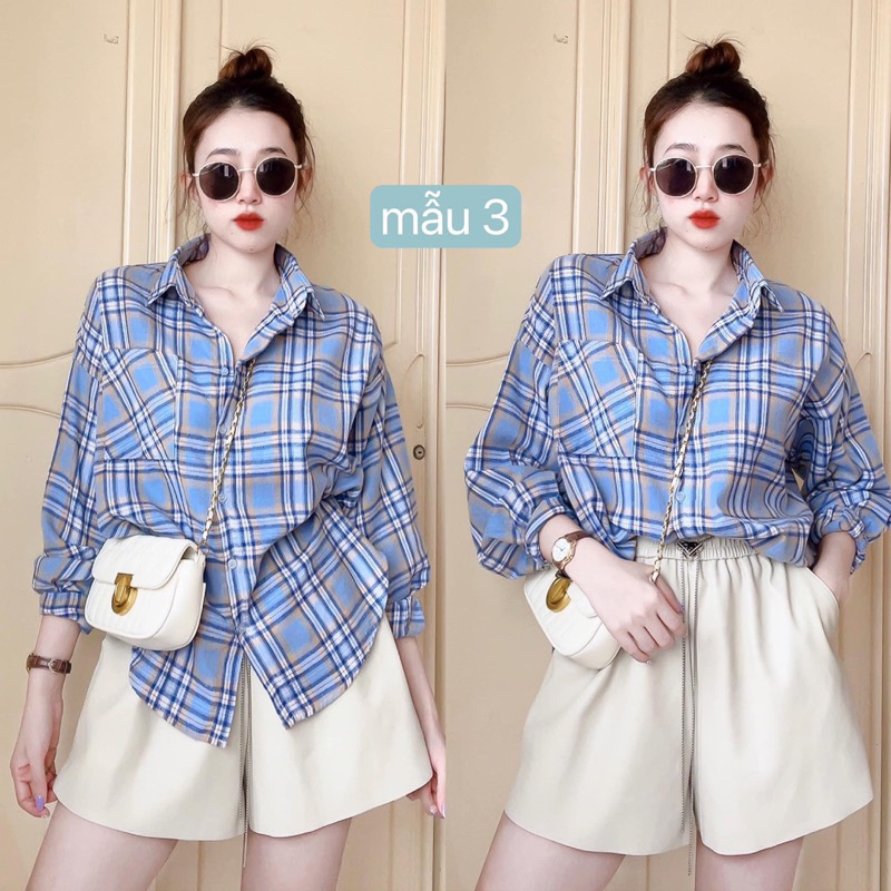 Áo Sơ Mi Karo Nỉ Bông Tay Dài Phồng 1 Túi Hộp Màu Sắc Dễ Thương, Sơ Mi Karo Freesize Dài Tay Chất Nit Bông Mềm Mát