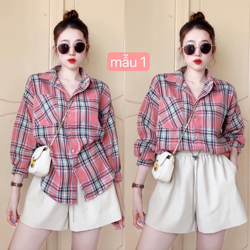 Áo Sơ Mi Karo Nỉ Bông Tay Dài Phồng 1 Túi Hộp Màu Sắc Dễ Thương, Sơ Mi Karo Freesize Dài Tay Chất Nit Bông Mềm Mát