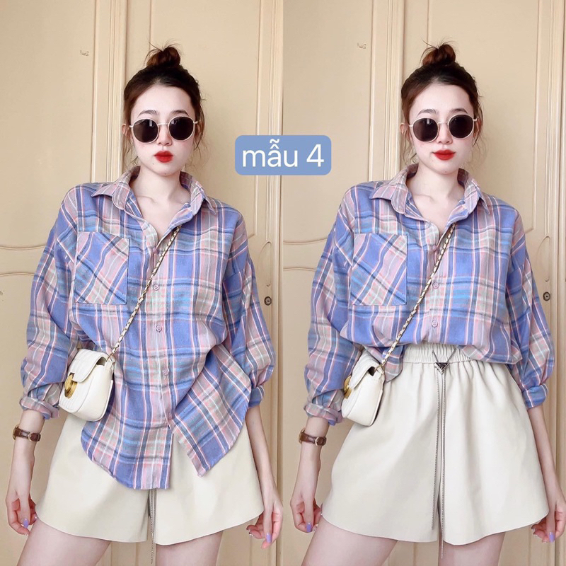 Áo Sơ Mi Karo Nỉ Bông Tay Dài Phồng 1 Túi Hộp Màu Sắc Dễ Thương, Sơ Mi Karo Freesize Dài Tay Chất Nit Bông Mềm Mát