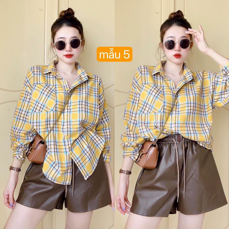 Áo Sơ Mi Karo Nỉ Bông Tay Dài Phồng 1 Túi Hộp Màu Sắc Dễ Thương, Sơ Mi Karo Freesize Dài Tay Chất Nit Bông Mềm Mát