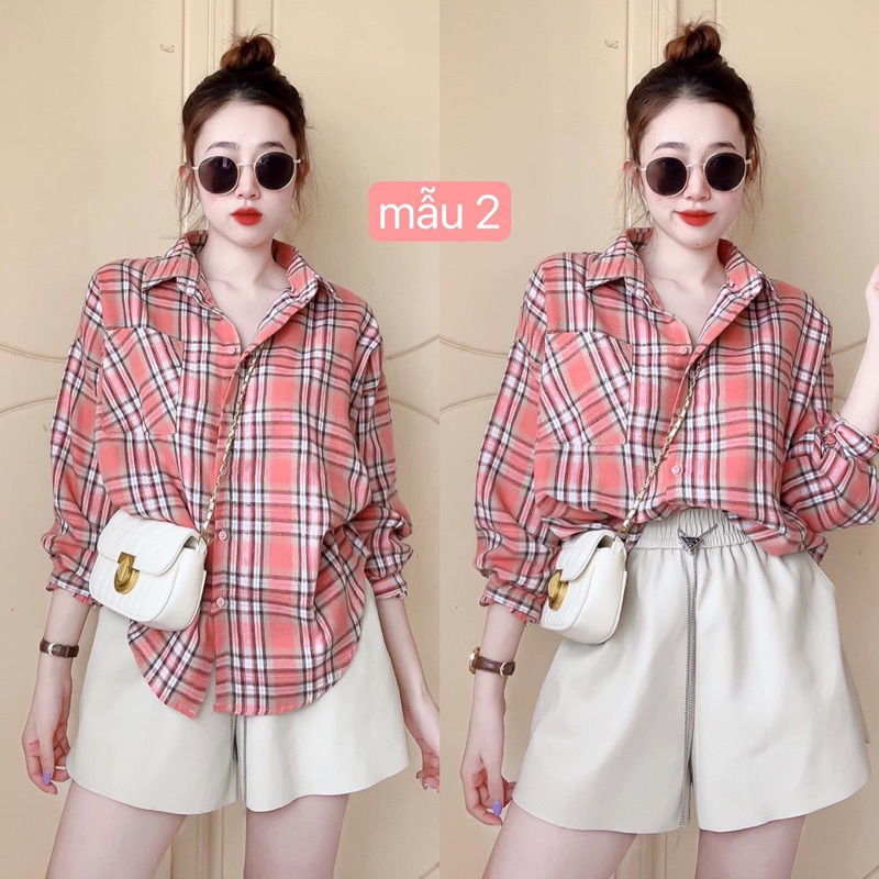Áo Sơ Mi Karo Nỉ Bông Tay Dài Phồng 1 Túi Hộp Màu Sắc Dễ Thương, Sơ Mi Karo Freesize Dài Tay Chất Nit Bông Mềm Mát