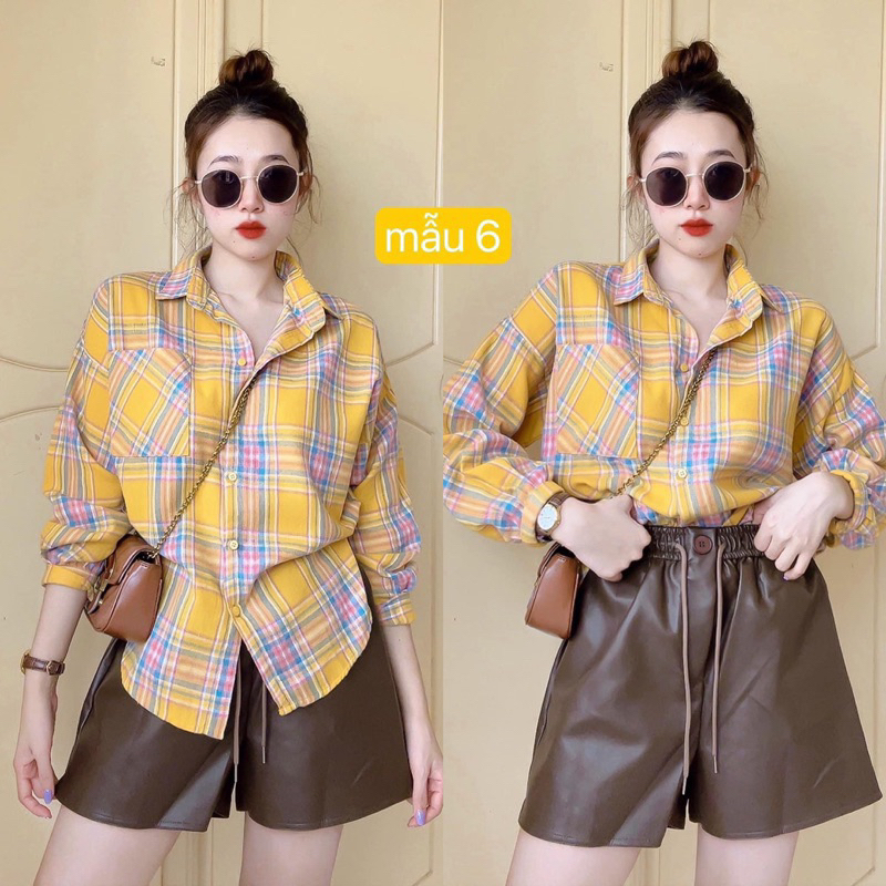 Áo Sơ Mi Karo Nỉ Bông Tay Dài Phồng 1 Túi Hộp Màu Sắc Dễ Thương, Sơ Mi Karo Freesize Dài Tay Chất Nit Bông Mềm Mát