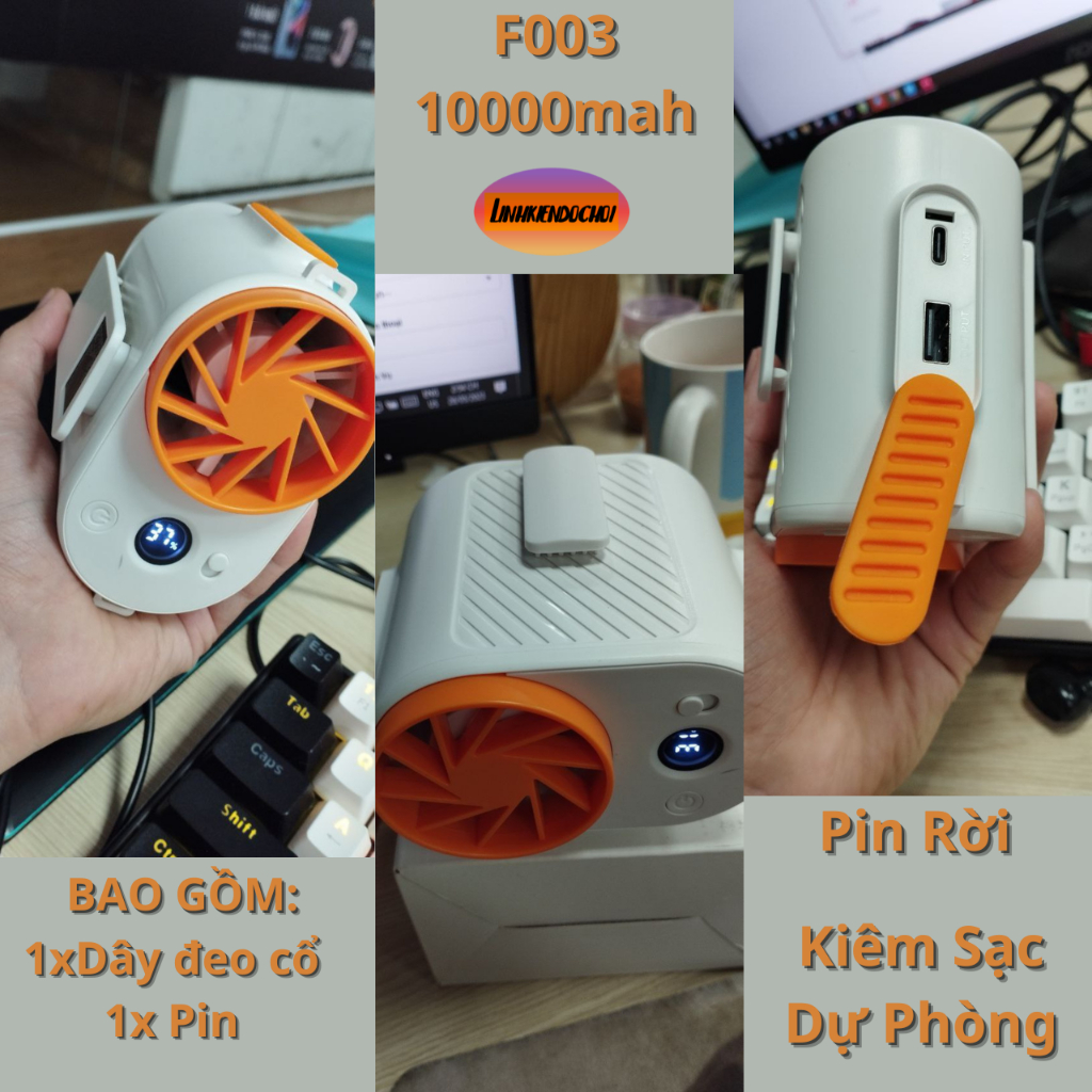 Quạt mini đeo cổ tích điện , Mini Cầm Tay Đeo thắt lưng pin 10000Mah có cổng sạc ĐT