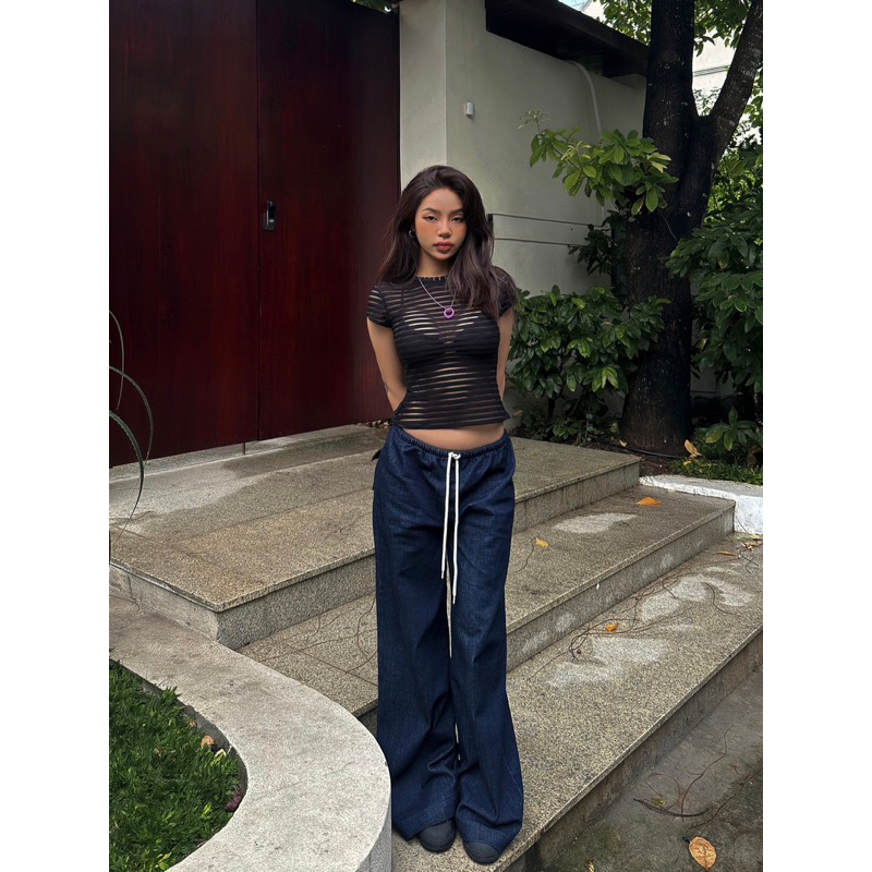 BETTY TOP - Áo thun tay ngắn cổ tròn sọc ngang xuyên thấu