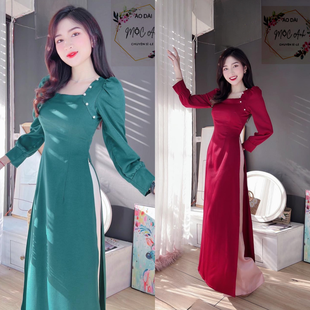 Áo Dài Nữ Truyền Thống Lụa Tây Thi Cổ Vuông Tay Bồng Đính Ngọc Cao Cấp