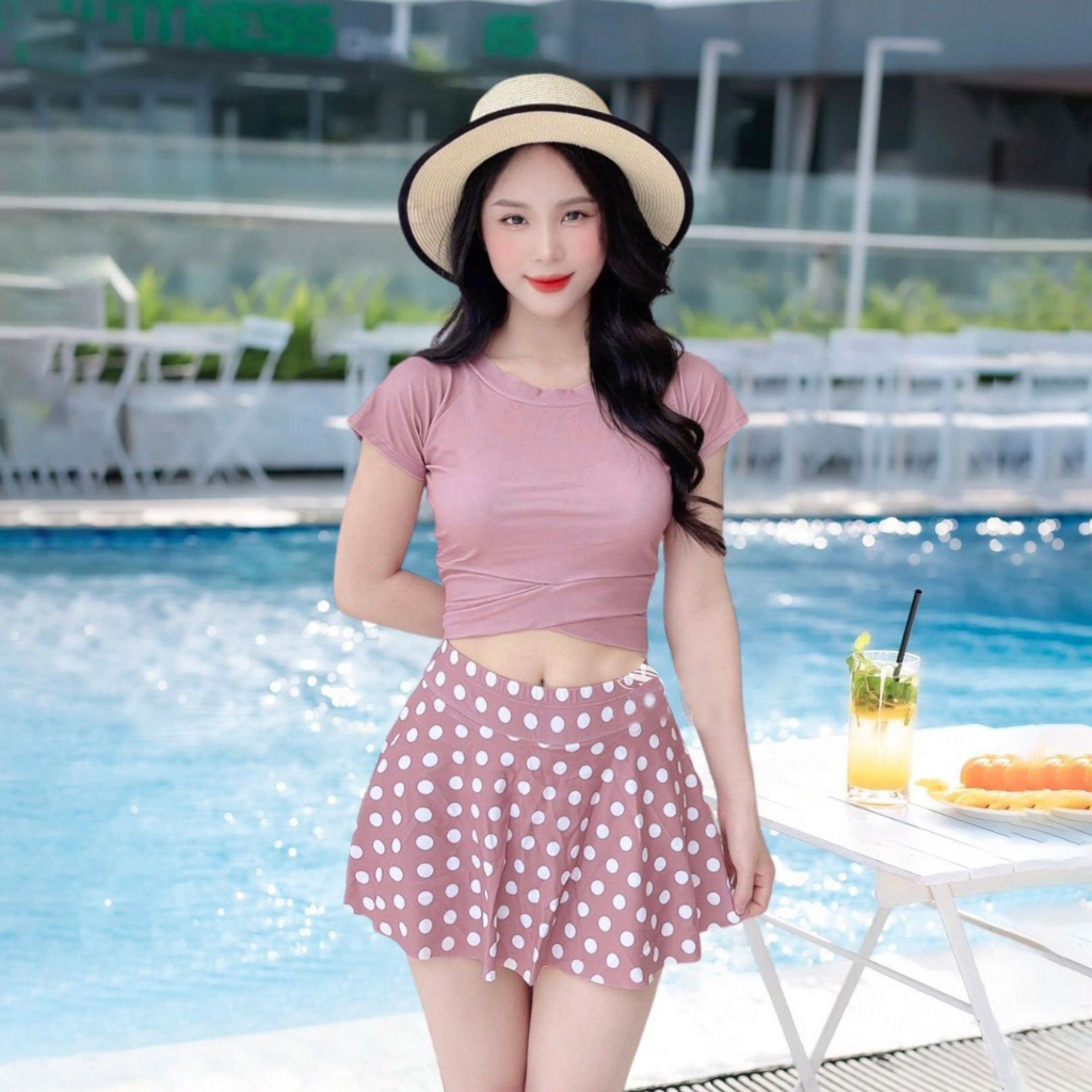 Size 65kg Đồ Bơi Nữ Bikini 2 Mảnh chấm bi tím pastel ngọt ngào quần váy kín đáo phong cách hàn quốc cao cấp sang trọng