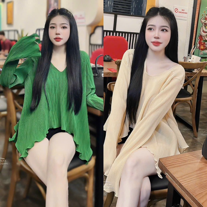 Set Bộ Áo Dập Ly Tay Dài Loe Cổ V + Quần Short Đùi