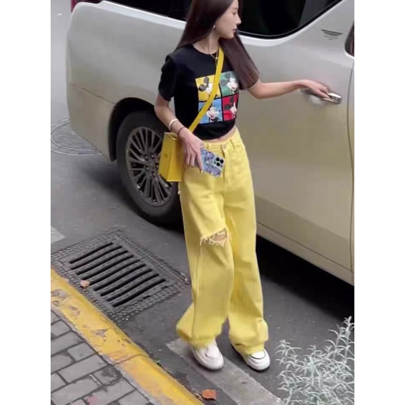 Quần jeans vàng ống rộng rách đùi trơn đơn giản (ảnh thật cuối)