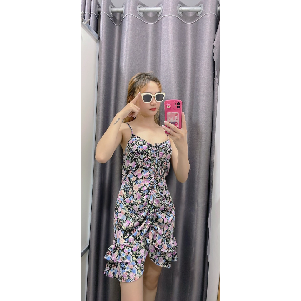 ĐẦM 2 DÂY HOA ĐEN HỞ LƯNG