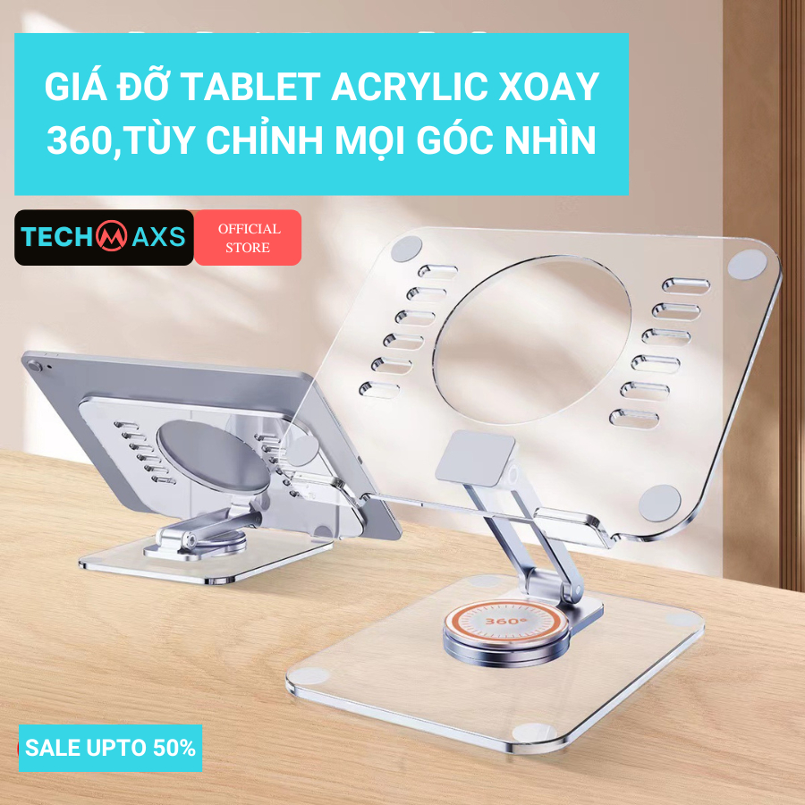 Giá Đỡ Ipad Máy Tính Bảng Điện Thoại ,Giá Để Tablet Ipad Xoay 360 Độ TechMaxs-Hợp Kim Nhôm Với Acrylic Cao Cấp