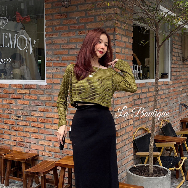 Áo croptop lưới tay dài La Boutique cổ tròn rộng trễ vai form rộng dễ phối đồ