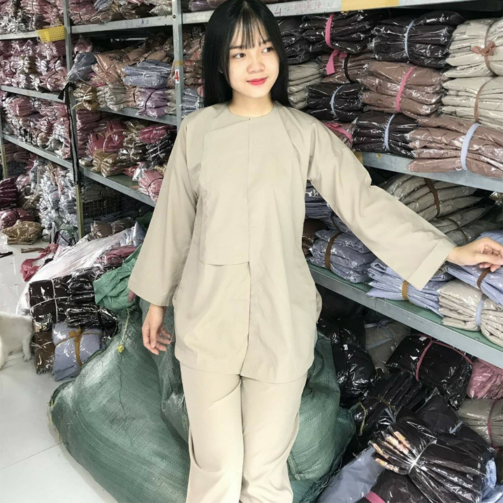 Bộ quần áo nữ Phật tử, đồ lam đi chùa mẫu vạt hò vải Kate A10