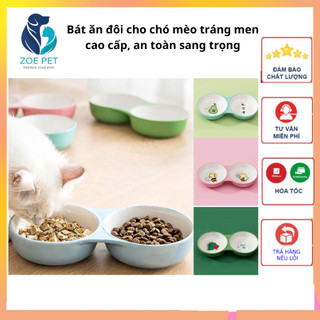 Bát ăn đôi cho chó mèo bằng sứ tráng men, sang trọng, nồi bật