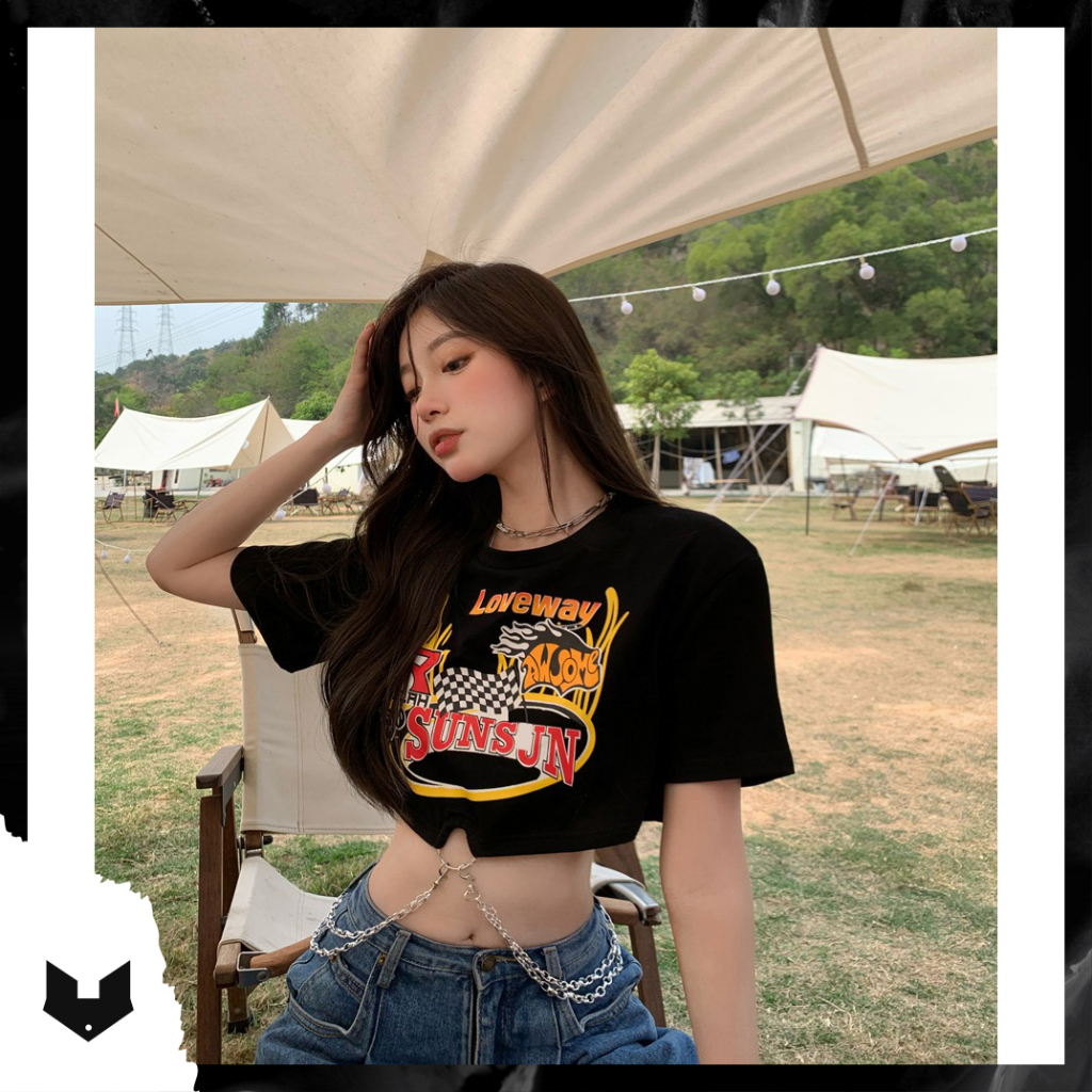 Áo thun cộc tay croptop xích 2 bên hở eo hình đường đua tập gym sexy dance