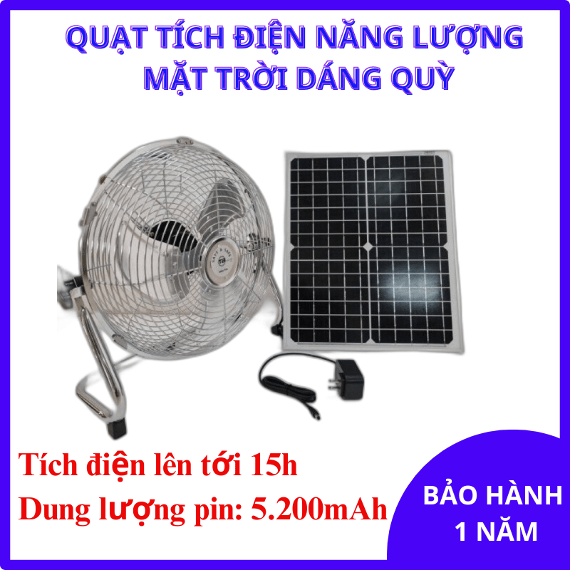 Quạt Tích Điện Năng Lượng Mặt Trời - Dung Lượng Pin Cao 5.200mAh, Hoạt Động Liên Tục 15H- Chạy Êm Ái, Tiết Kiệm Điện