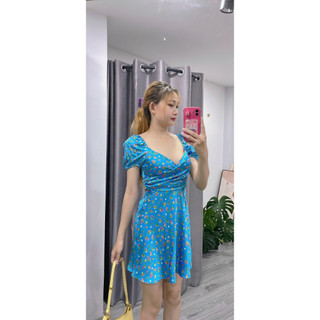 ĐẦM LỤA CÚP NGỰC HOA XANH