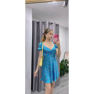 ĐẦM LỤA CÚP NGỰC HOA XANH