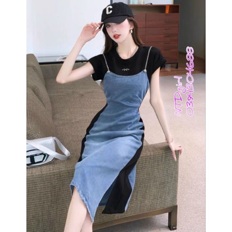 Hàng nhập - Đầm dáng xòe jean phối thun giả yếm, váy bò tay ngắn cổ tròn dạo phố trẻ trung