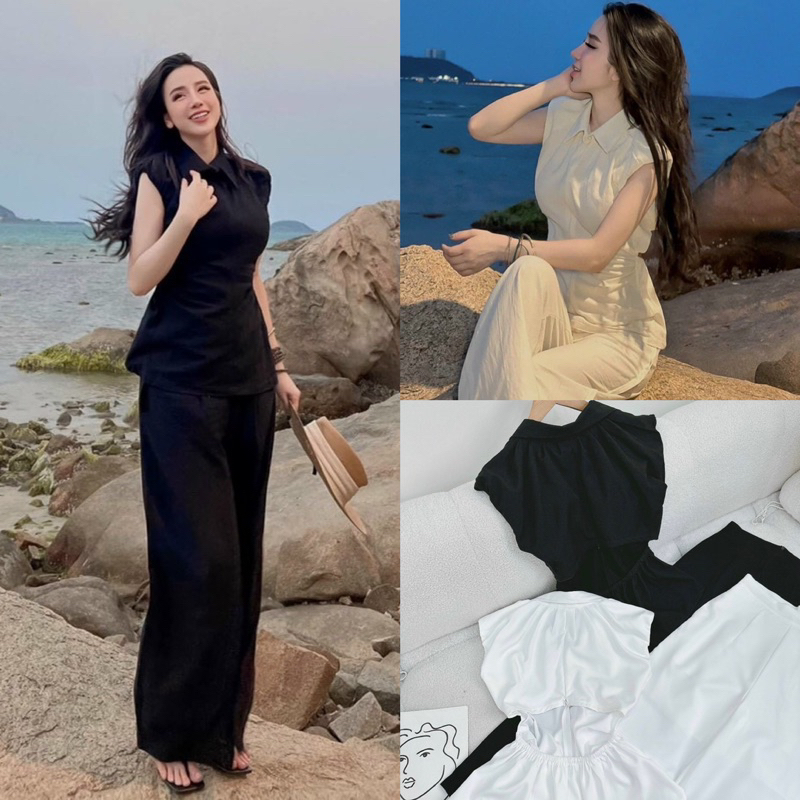 set sơmi khoét lưng + quần suông