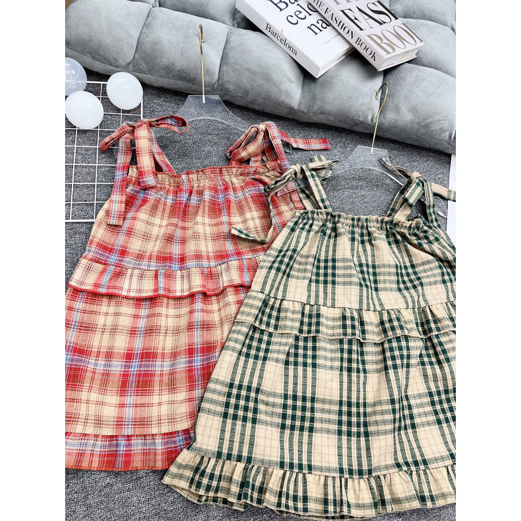 Áo hai dây , áo xinh kẻ caro Hàn Quốc dáng Vintage hàng Hottren Buộc Nơ Vai Áo Tiểu Thư Kẻ Viền Bèo Tầng Siêu Xinh