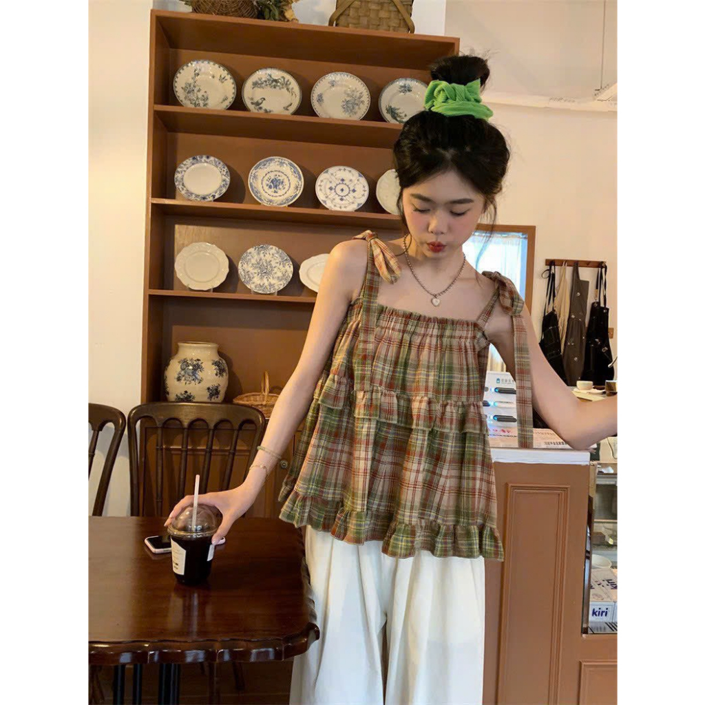 Áo hai dây , áo xinh kẻ caro Hàn Quốc dáng Vintage hàng Hottren Buộc Nơ Vai Áo Tiểu Thư Kẻ Viền Bèo Tầng Siêu Xinh
